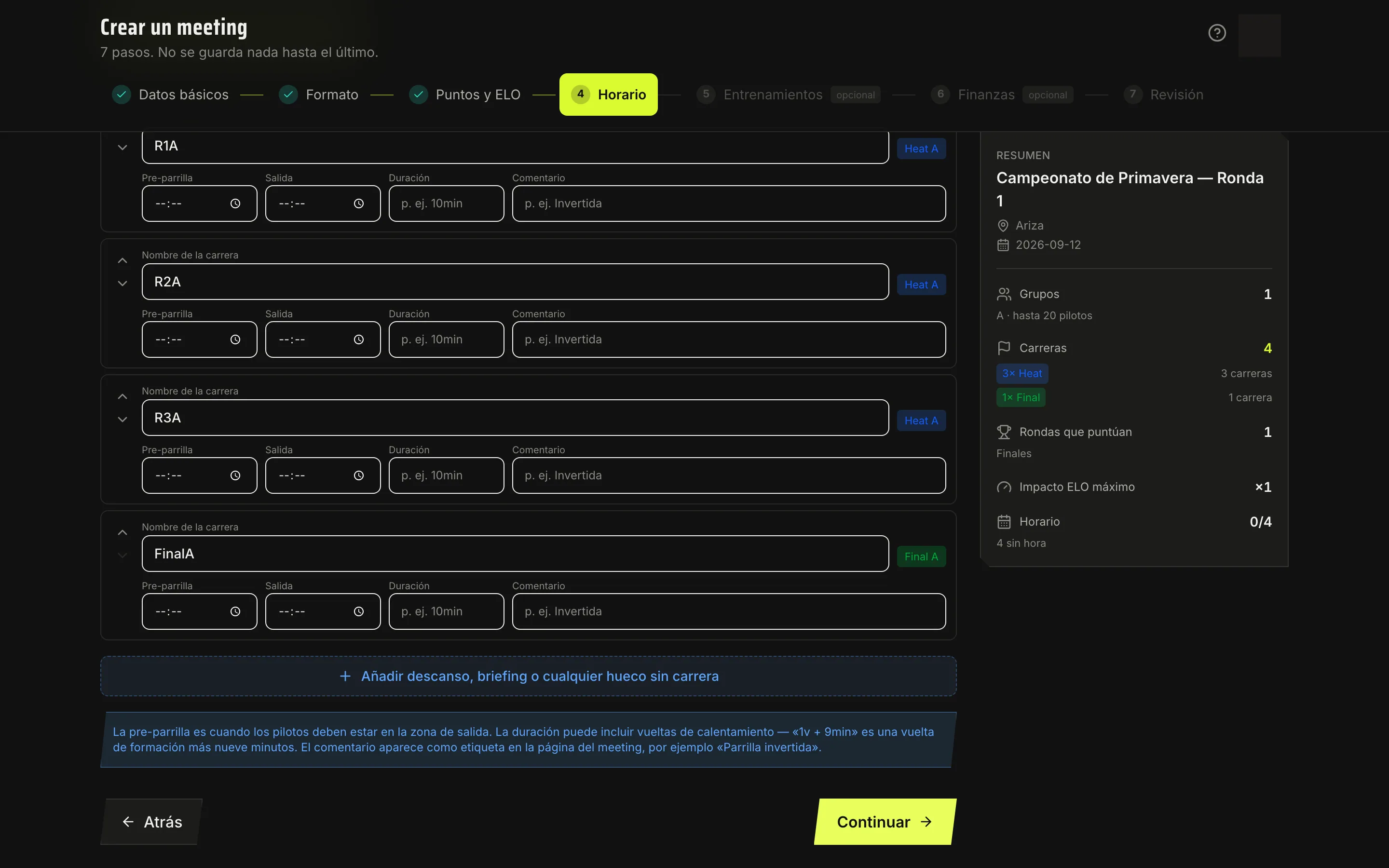 El constructor de horario, con el auto-relleno abierto.